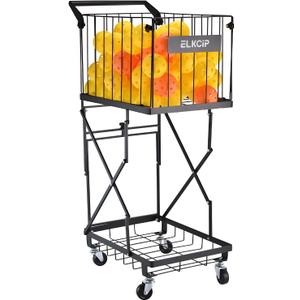 Multi Functional Pickleball & Tennis Ball Hopper with Wheels, 2-Tier Foldable Sports Balls Cart, Lightweight Softball Caddy, Large Capacity Baseball Basket Carrier for Training Teaching