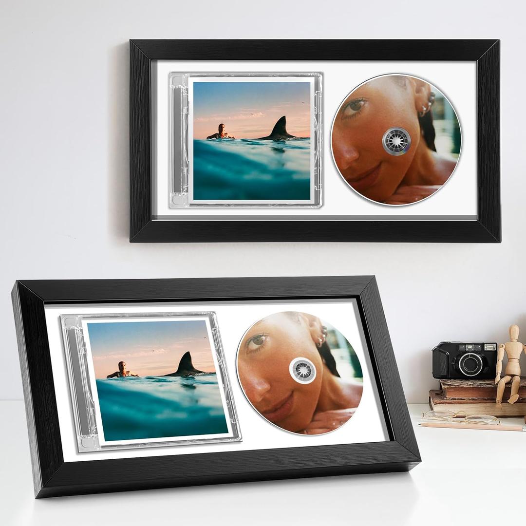 2 Pcs 13.7" x 7.5" CD Frame Display Case with Shatter-Resistant Glass, Double Groove Record Album Frame, Self Standing with Wall Hanger, Imitation Wood Polystyrene, Home Decor (White)