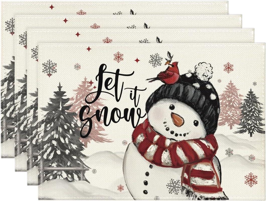 Artoid Mode Let It Snow Snowman Christmas Placemats Set of 4, 12x18 Inch Winter Table Mats for Party Kitchen Dining Decoration (Black)