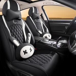 Cute Bunny Seat Cover 5 Set with Waterproof PU Leather for Cars SUV Pick-up Truck Universal Fit Set (Black)