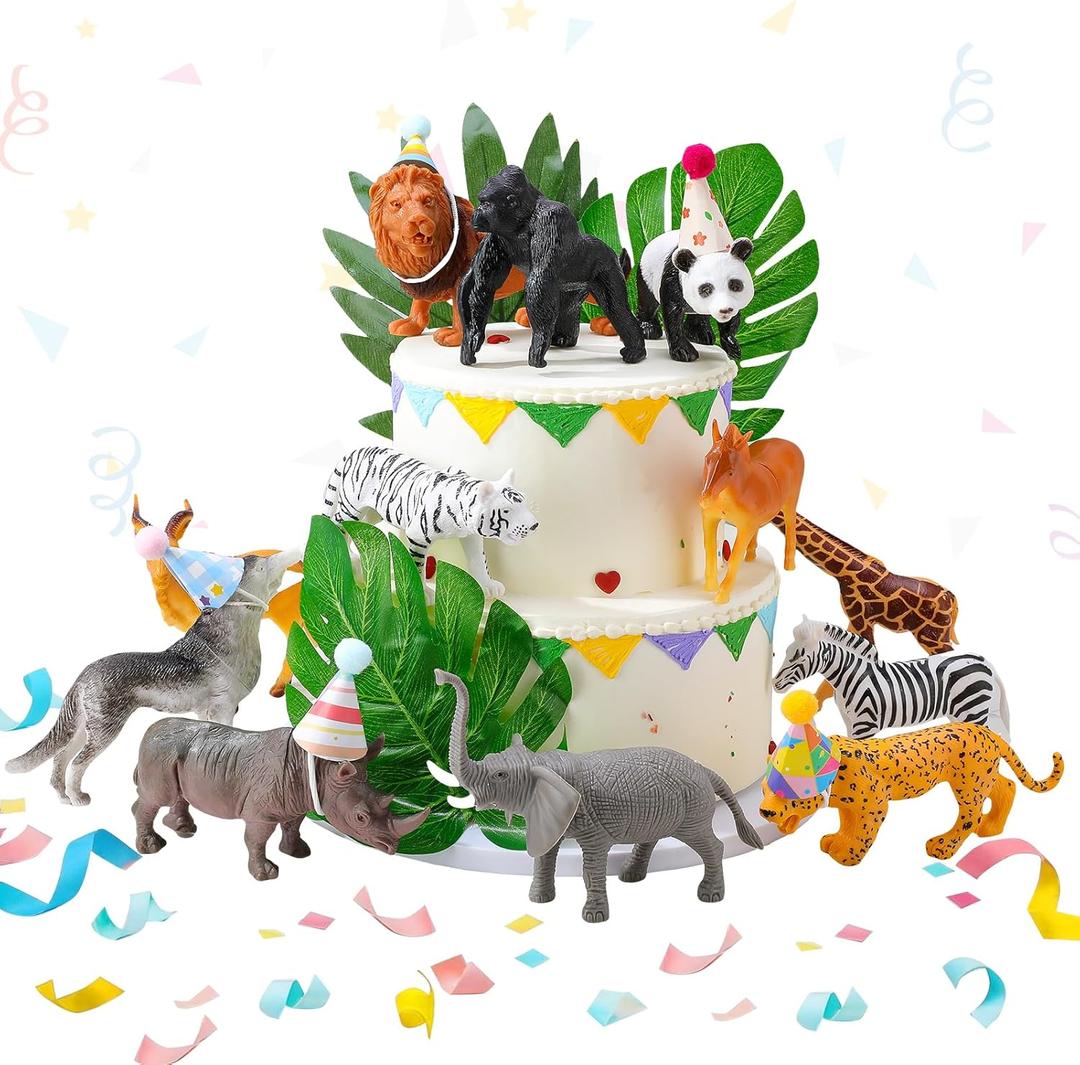 37 Pcs Jungle Animal Birthday Cake Toppers Mini Birthday Hat Animal Figure Cake Toppers for Wild Animals Themed Party