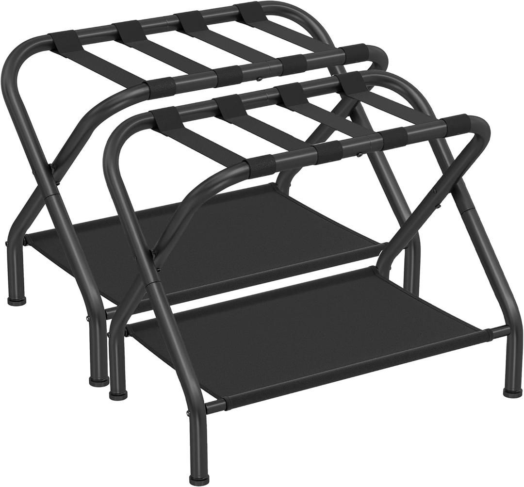 SONGMICS Luggage Racks, Set of 2, Suitcase Stand with Fabric Storage Shelf, for Guest Room, Bedroom, Hotel, Foldable Steel Frame, Holds up to 110 lb, 27.2 x 15 x 20.5 Inches, Black URLR002B02