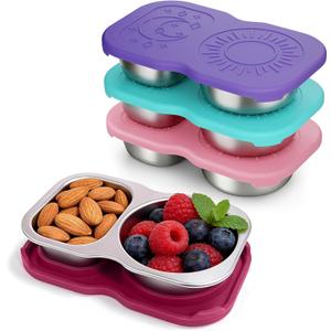 QCQHDU Snack Containers, 2-Compartment Small Stainless Steel Reusable Snack Boxes for Portion Control, Meal Prep Lunch Food Sauce Storage Lunchable Accessories Salad Dressing Containers to Go, 4 Pack