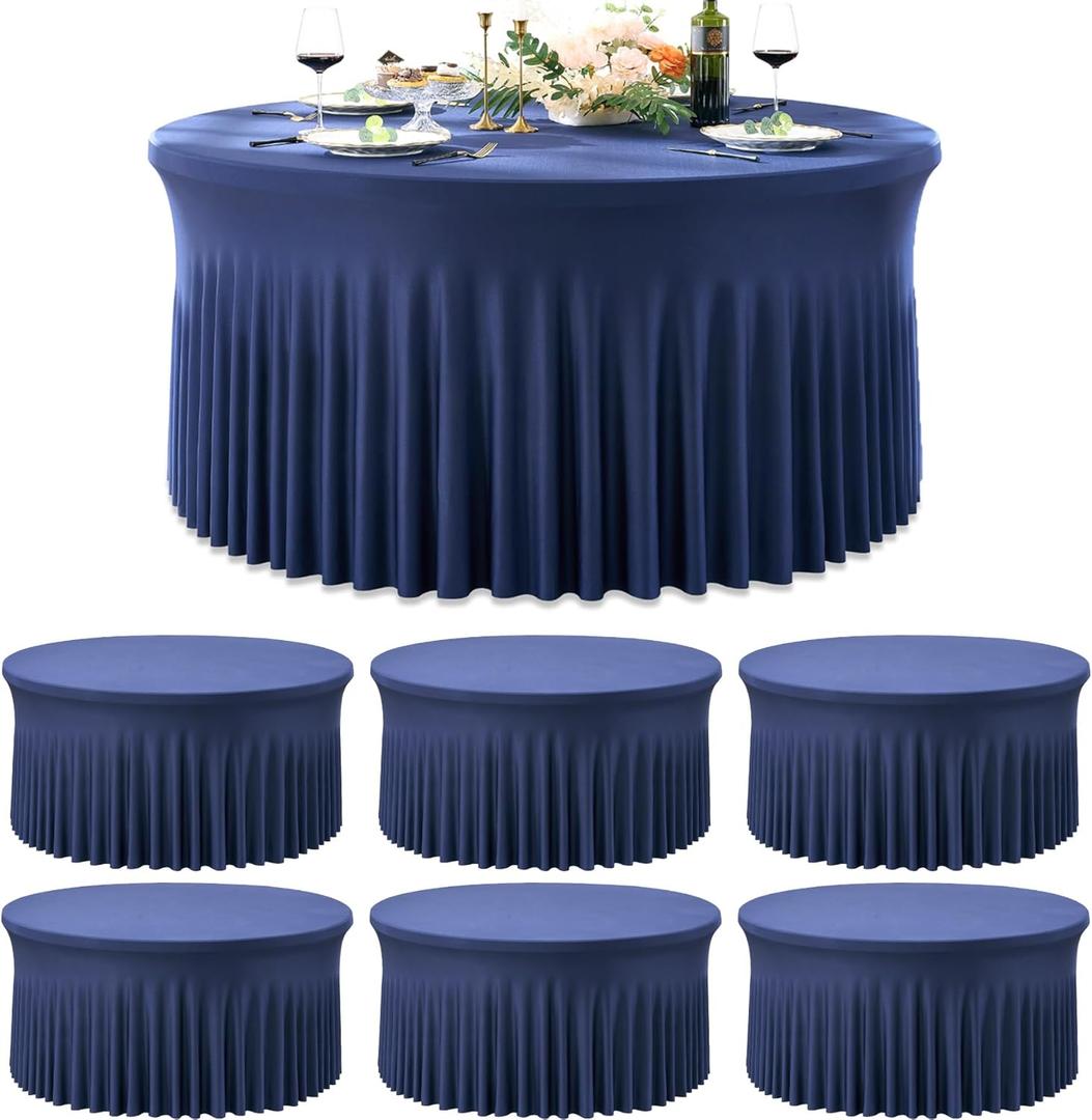 6 Pack Navy Blue Spandex Round Tablecloths for 72inch Table, Wrinkle Free 132inch Stretchy Fitted 6ft Round Table Cloths Covers with Skirt for Wedding Birthday Parties Banquet Events