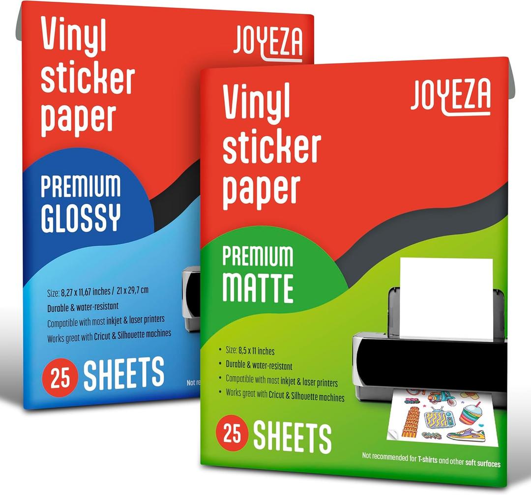 JOYEZA Premium Printable Vinyl Sticker Paper for Inkjet Printer - 25 Matte + 25 Glossy Sheets White Waterproof, Dries Quickly Vivid Colors, Holds Ink well- Tear Resistant - Inkjet & Laser Printer