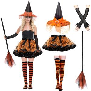 Witch Costume for Women, 5PCS Halloween Costume with Hat Tutu Broom Striped Thigh Socks Gloves, Full Witch Accessories