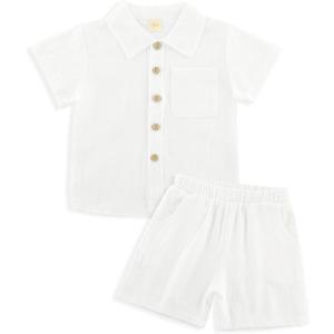 POBIDOBY Linen Baby Clothes for Summer Vacation & Beach Hiking, Linen Short with Cotton Linen Top for Girls & Boys (WHITE, 5-6Y)