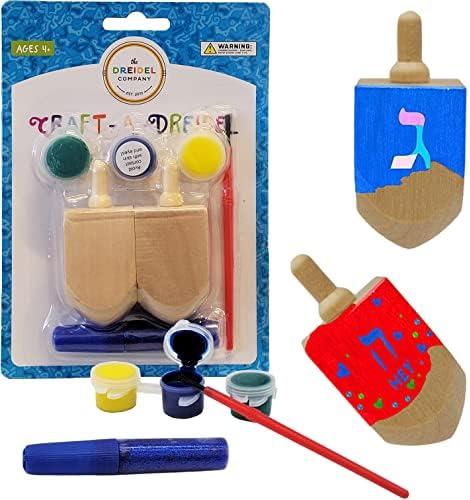 The Dreidel Company Craft-A-Dreidel, Create Your Own Custom, Kit Includes 2 Wooden Dreidels, 3 Colors, 1 Brush, 1 Glitter, Fun and Educational (2 Dreidels)