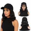 Hat Wig Baseball Cap with 12" Short Black Mix Brown Synthetic Curly Wavy Hair Extension Attached for Women Adjustable Shoulder Length Wigs for Daily Party Outdoor Use