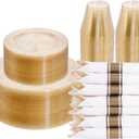 DaYammi 210PCS Gold Glitter Plastic Dinnerware Set for 30 Guests, Fancy Disposable Plates for Party, Include: 30 Dinner Plates, 30 Dessert Plates, 30 Pre Rolled Napkins with Gold Silverware, 30 Cups