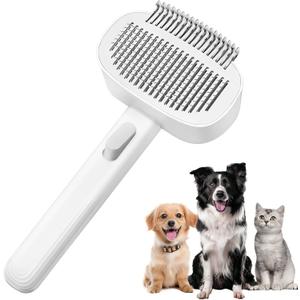Cat Brush - 2-in-1 Cat Deshedding Brush & Dematting Comb for Long Haired Cats, Self Cleaning Slicker Brush Effectively Removes Matted Fur & Tangles, White