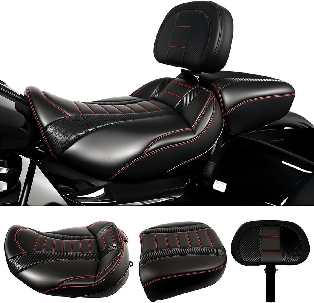 Driver Passenger Solo Seat Backrest Kits Compatible With For Harley Touring Street Road Glide FLHX FLTRX ST 2024 2025 2026 (Black Red)
