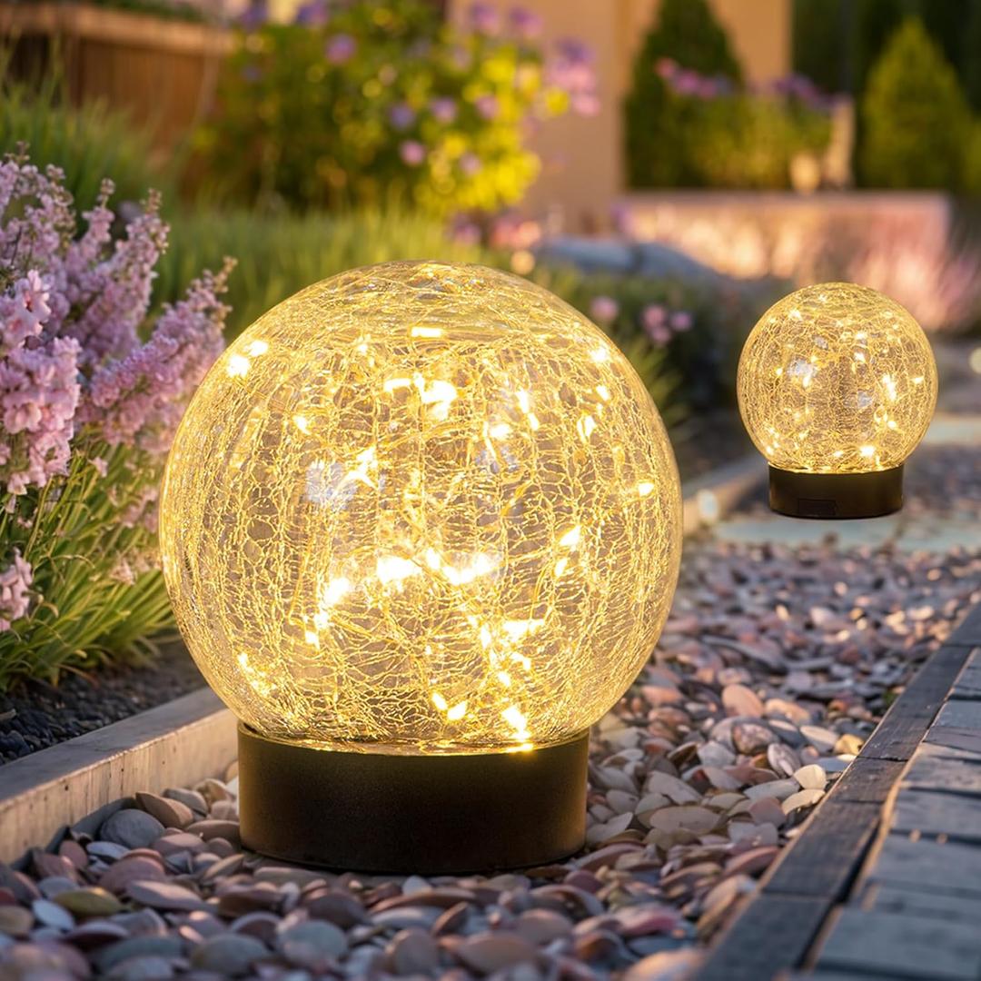 Beautyard Solar Globe Lights Outdoor Large Garden Decor USB Charged 4.72" Diameter 40LED 1000mAh Solar Lights Cracked Glass Globe Solar Power Yard Patio Garden (4.72'' Large 2 Pack Warm White)