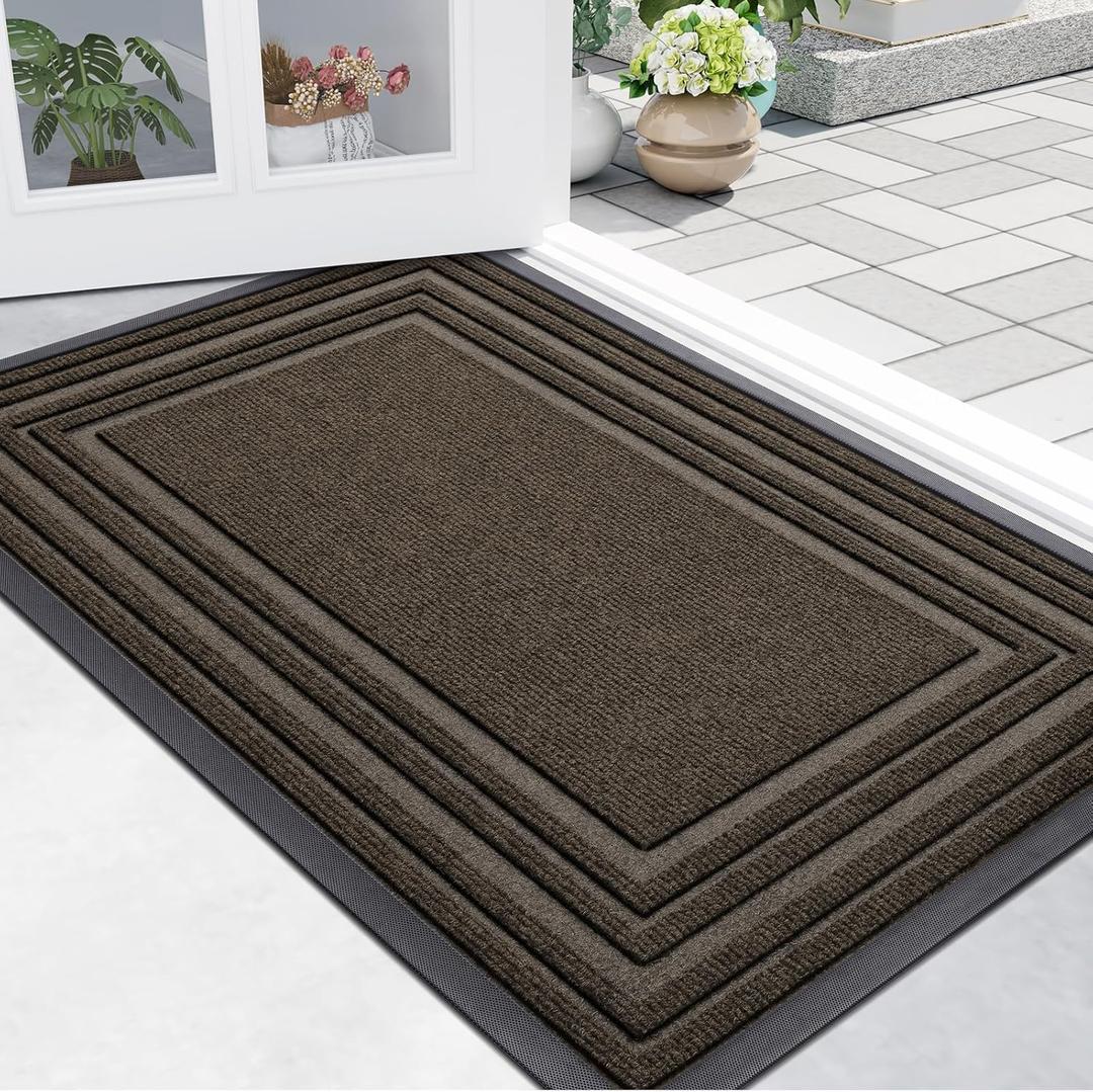 Buganda Front Door Mat Indoor Outdoor Entrance, Non-Slip Natural Rubber Doormats, Easy Clean, Low Profile, Dirt Trapper Entryway Floor Mats for Outside, Garages and Patios, 29.5x17, Brown