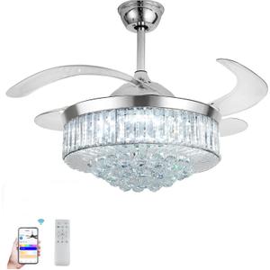 42" Smart Retractable Crystal Ceiling Fan with Light: Alexa/Google Home & Remote, Bluetooth Speaker, Dimmable RGB Light, 6-Speed Reversible Fandelier Chandelier Fan for Bedroom,Dining/Living Room