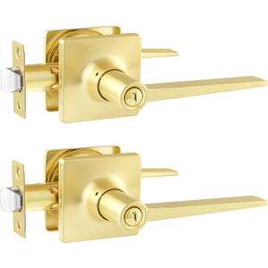 2 Pack Door Handles Gold Interior Door Handle for Bedroom & Bathroom, Keyless Privacy Door Levers, Modern Square Door Handles