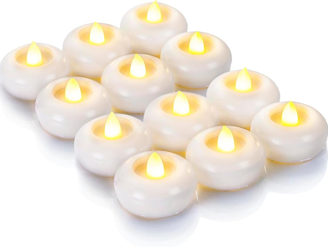 Homemory 2 Flameless Led Floating Candles, 200 Hour Plastic Battery Operated Flickering Waterproof Tealights for Cylinder Vases, Centerpieces at Wedding, Party, Pool, Holiday (12 Pack, White Base)