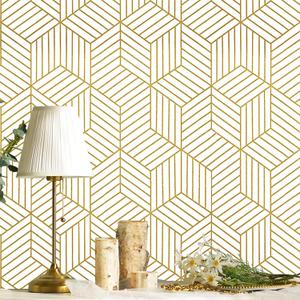 CiCiwind Geometric Hexagon Wallpaper Peel and Stick Wallpaper Removable Self Adhesive Wall Paper White and Gold Striped Contact Paper for Cabinets Shelf Wall Decor 15.7"x197"