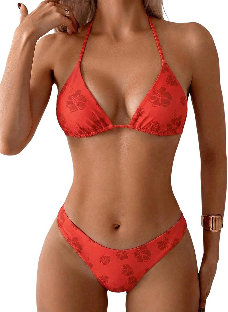MakeMeChic Women's Polka Dots Triangle Thong Bikini Sets Floral Cute Bathing Suit Swimsuits (Red, XS)
