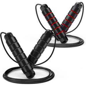 Jump Rope, Tangle-Free Rapid Speed Jumping Rope Cable with Ball Bearings for Women, Men, and Kids, Adjustable Steel Jump Rope with Foam Handles for Home Gym Exercise Fitness Workout Equipment & Slim Body (Black+Red)