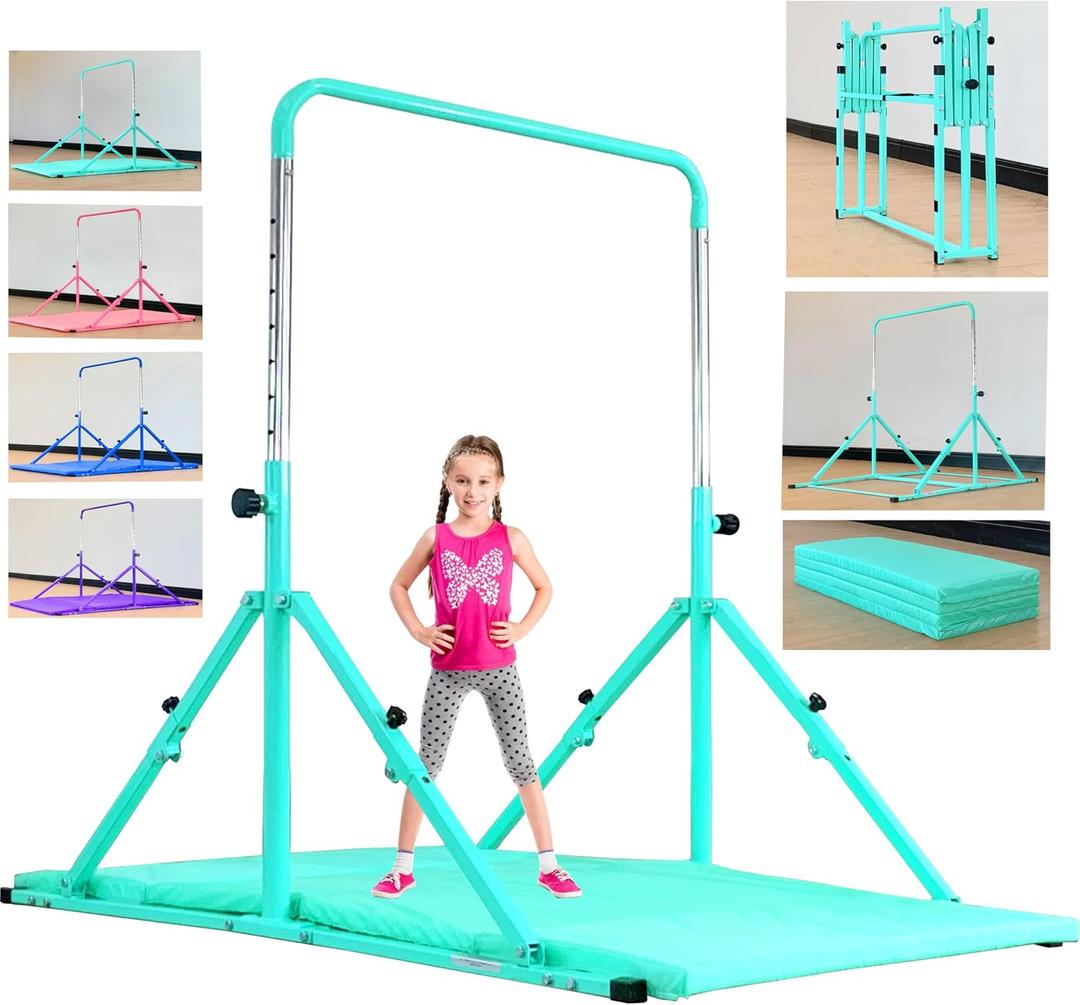 MARFULA Foldable Gymnastic Bar for Kids Ages 3-12, 9 Height Levels, 200 lbs Weight Capacity, 5 Ft Length Gymnastic Kip Bar with Mat, Gymnastic Equipment for Home and Gym Center Indoor Outdoor Use
