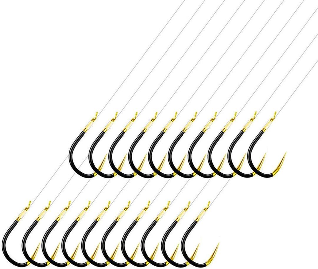 AMHDV Small Barbless Fishing Hook with Line, Tiny Fish Hooks and Leader (Pack of 20) (8# (4.4-8.8lb), Black Gold)