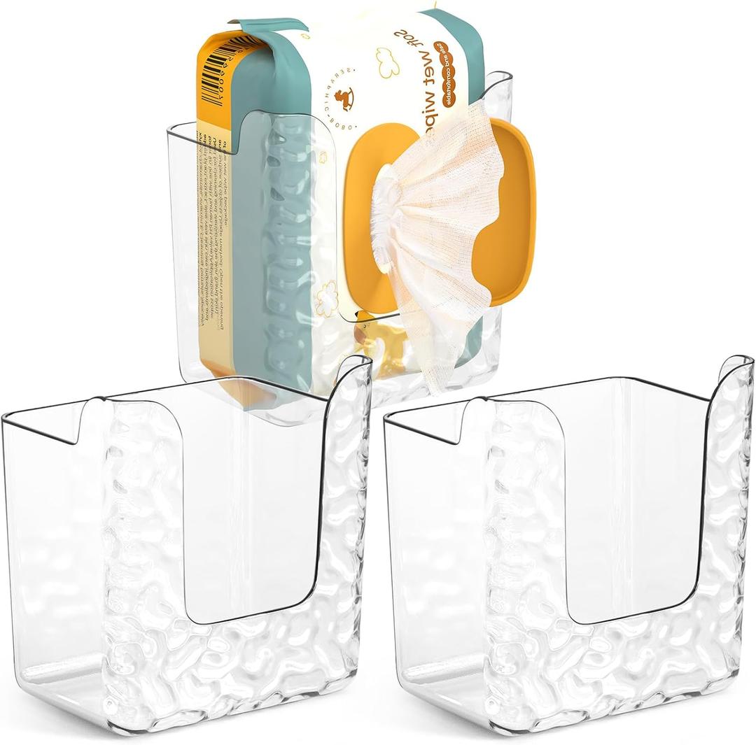 3 Pack Wipe Holder for Bathroom, Flushable Wipes Dispenser,Wall Mounted Tissue Box Holder,Self-Adhesive Wipes Container,Suitable for Bathroom, Kitchen, Bedroom, Toilet (Transparent White)