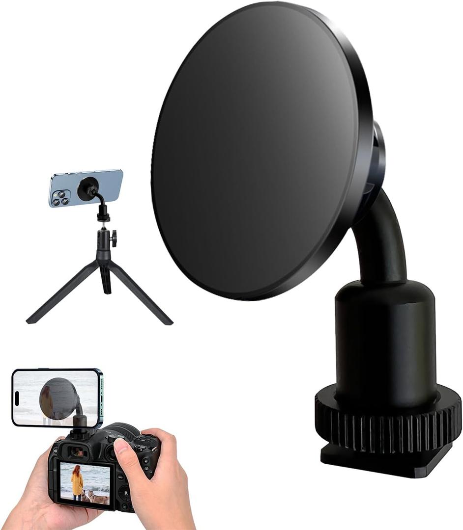 Universal Magnetic Tripod Mount Adapter with Cold Shoe & 1/4" Screw, Phone Tripod Mount for Camera/Ring Light/Selfie Stick, Compatible with Magsafe iPhone 16/15/14/13/12 Series