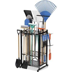 Garden Tool Organizer Rack Up to 50 Tools, Heavy-Duty Steel Yard Tool Organizer for Garage Storage with 11 Hooks, Broom Holder & Garden Tool Rack for Shed, Patio, Outdoor Use, Black