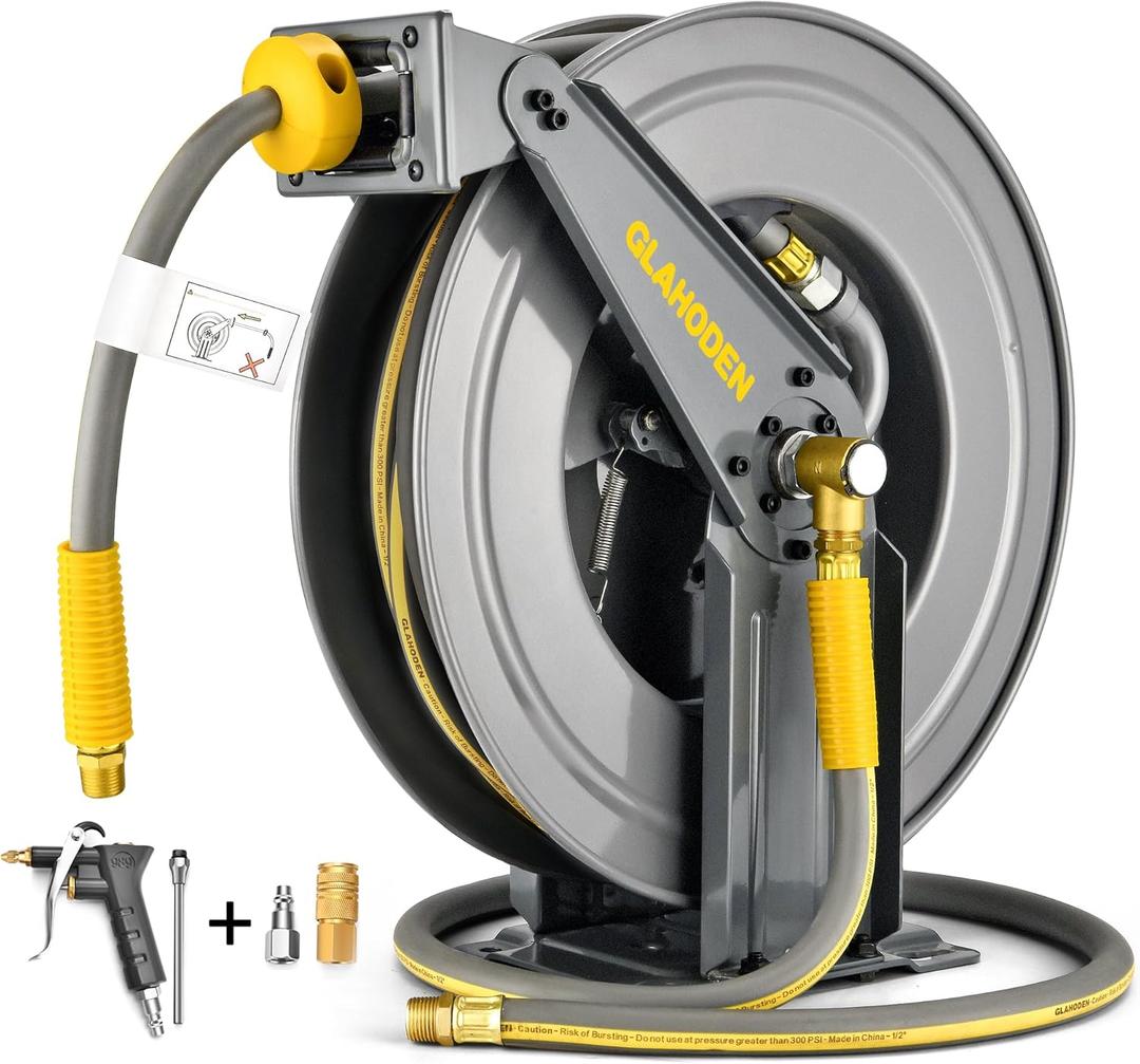 GLAHODEN Double Arm Air Hose Reel 50 ft Retractable, 1/2 in Hybrid Hose Heavy Duty Steel Professional Air Compressor Hose Reel with 5 ft Lead in Max 300PSI Auto Rewind Quick Coupler Swivel Fitting