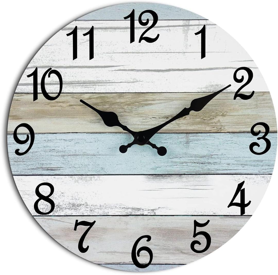 CHYLIN Wall Clock, Silent Non Ticking Battery Operated, Rustic Coastal Country Clock Decorative for Bathroom Kitchen Bedroom 8 (B-white,brown,blue)
