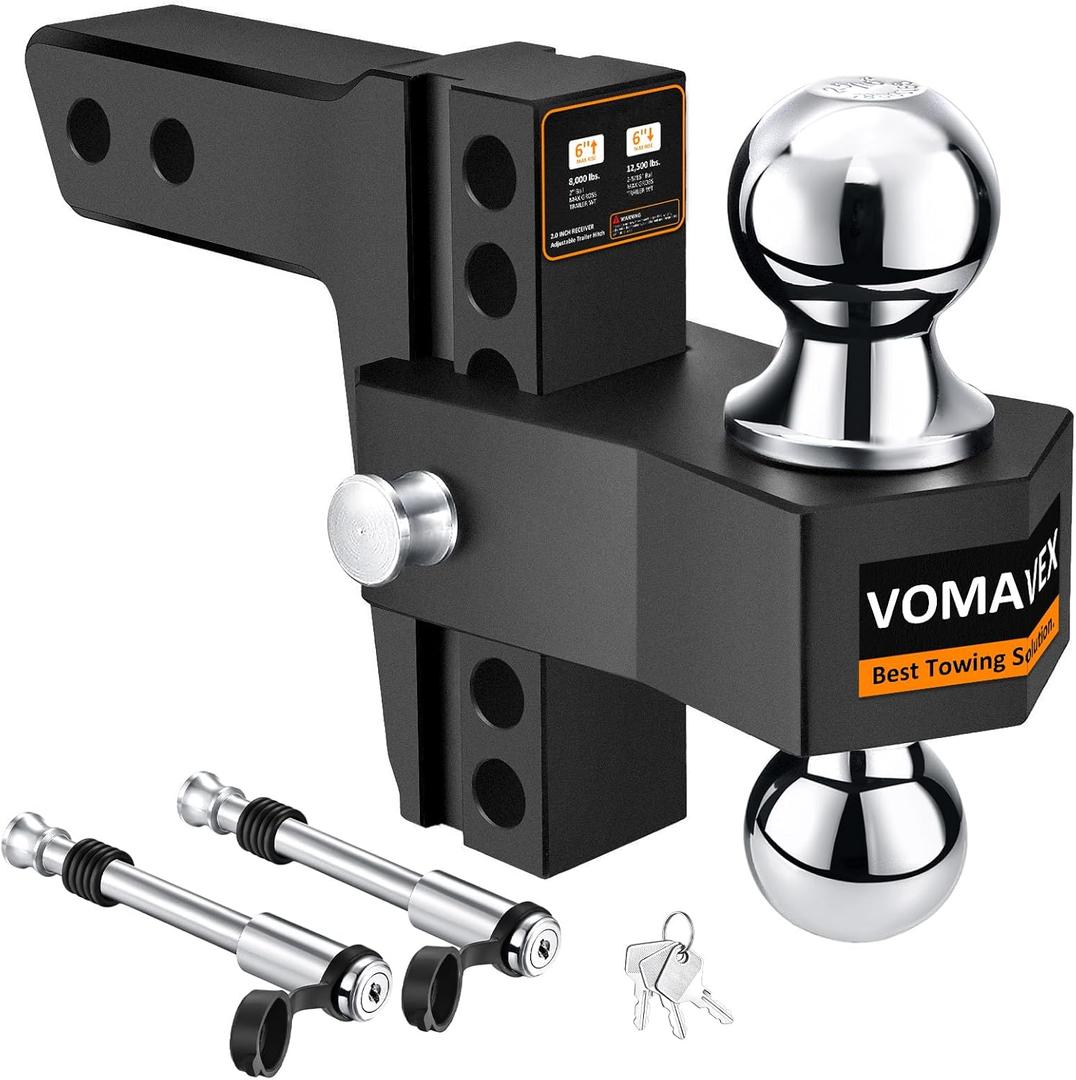 Adjustable Trailer Hitch-Drop Hitch Fits 2-Inch Receiver -6" Drop/Rise Tow Hitch with 2" and 2-5/16" Tow Balls-12,500GTW with Double Anti-Theft Pins Locks, Black