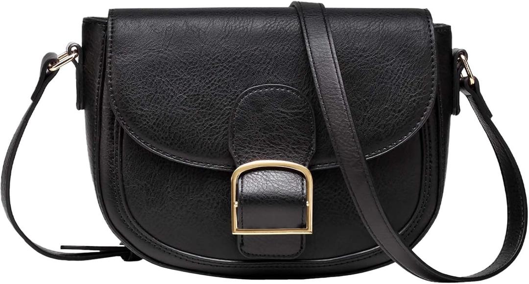 Kasqo Crossbody Bag for Women,Vegan Leather Fashion Small Shoulder Bag Ladies Handbag Saddle Purse with Adjustable Strap (Black)