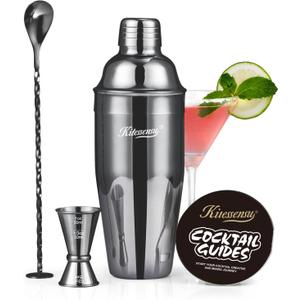 KITESSENSU Cocktail Shaker Set, Stainless Steel Martini Shaker Set with 24 Ounce Cocktail Mixer with Drink Shaker, Measuring Jigger, Bar Spoon & Drink Recipe Guide, Black