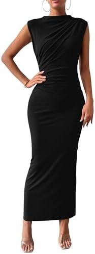 BTFBM Women's Ruched Bodycon Dress Summer Casual Sleeveless Back Slit Elegant Club Evening Party Cocktail Maxi Dresses, M