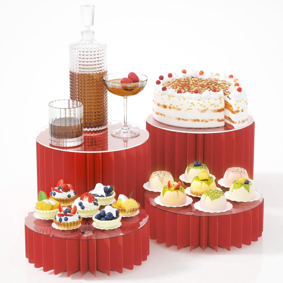 4 Pack Buffet Risers, Foldable Accordion Food Display Risers with Acrylic Disc, Dessert Table Display Set, Cardboard Paper Cupcake Cake Stand for Party Cylinder Stands for Parties Drink Collectibles Jewelry Figures, Multi-height, Red