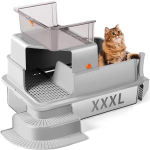 XXXL Stainless Steel Litter Box, 28"x20"x18" Extra Large Fully Enclosed High Sided Metal Cat Litter Box with Filtered Grid, Step, Scoop, Non-Sticky, Non-Odor, Easy Cleaning (Light Gray)