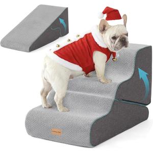 Gardner Pet Dog Stairs for Small Dogs 16.5" H, 2 in 1 Transformable 3-Step Pet Stairs and ramp, Dog Steps for Couch (13-20 in) with Durable Non-Slip Waterproof Cover and CertiPUR-US Certified Foam (Grey)