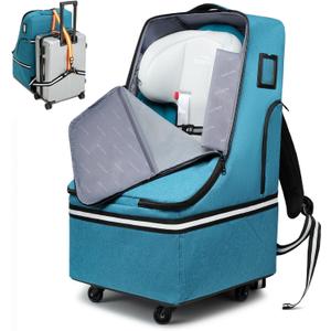 RUCYEN Rolling Car Seat Travel Bag, Padded Carseat Travel Backpack for Airplane,Large Durable Carseat Travel Bag with 4 Wheels,Adjustable Shoulder Strap and Waterproof Base Blue