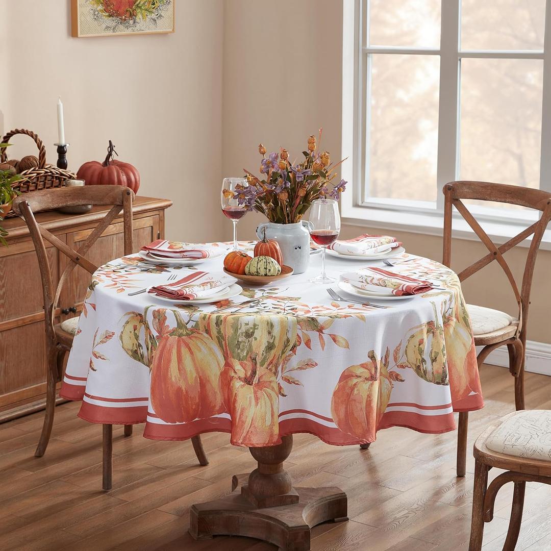 Home Bargains Plus Thanksgiving Contemporary Orange Pumpkin Tablecloth, 70 Inch Round, Fall Harvest Easy Care Fabric Table Cover (Multi Heritage Pumpkin)