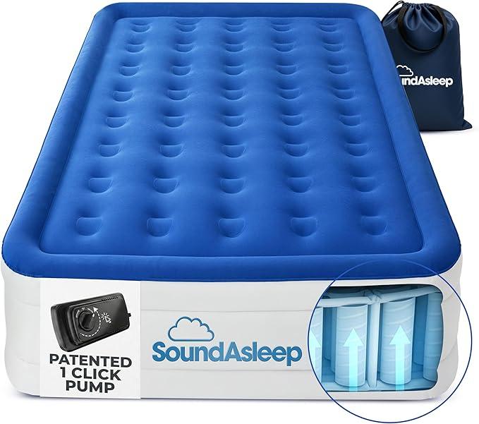 SoundAsleep Dream Series Raised Queen Air Mattress, Built-in Pump, Blue | ComfortCoil Technology, fast 1-click inflation, waterproof flocked top and SureGrip bottom create a stable guest bed for two