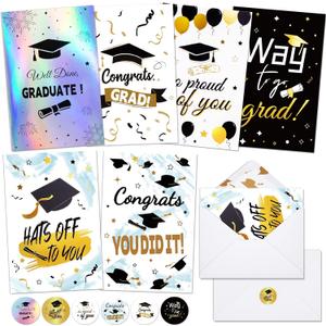 24 Pack Graduation Cards 2026 with Envelopes and Stickers, 6 Elegant Designs Graduation Cards Bulk with Printed Message Inside