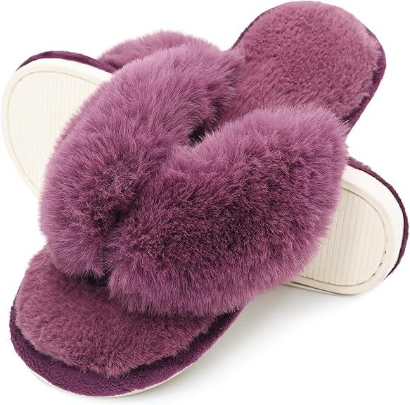 Onmygogo Plush Indoor Flip Flop Thong Slippers for Women Open Toe, Fuzzy Faux Fur Spa House Slippers, Size 38-39