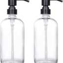 2 Pack Thick Clear Glass Pint Jar Soap Dispenser with Matte Black Stainless Steel Pump, 16ounce Clear Boston Round Bottles Dispenser with Rustproof Pump for Essential Oil, Lotion Soap