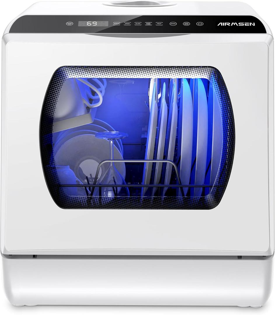 AIRMSEN Portable Countertop Dishwashers, 5 Washing Programs Mini Dishwashers with 1.2 Gal Built-in Water Tank and Double-layered Glass Door, No Hookup Needed for Home, Apartments & RVs