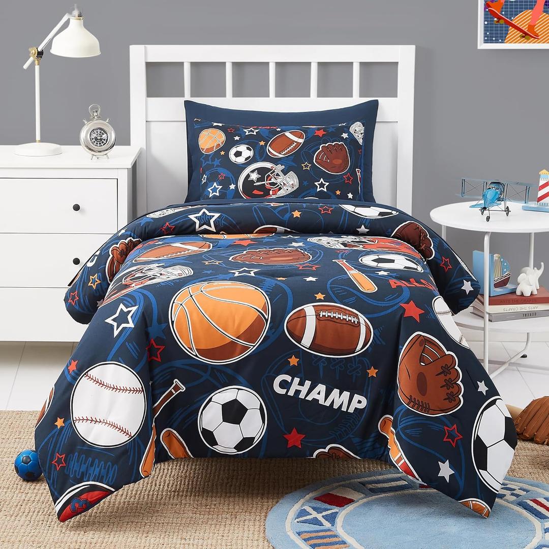 Twin Kids Comforter Set - 5 Pieces Twin Bedding Sets for Boys Teen, Glow in The Dark Sports Ball Games Bed in A Bag with Sheets