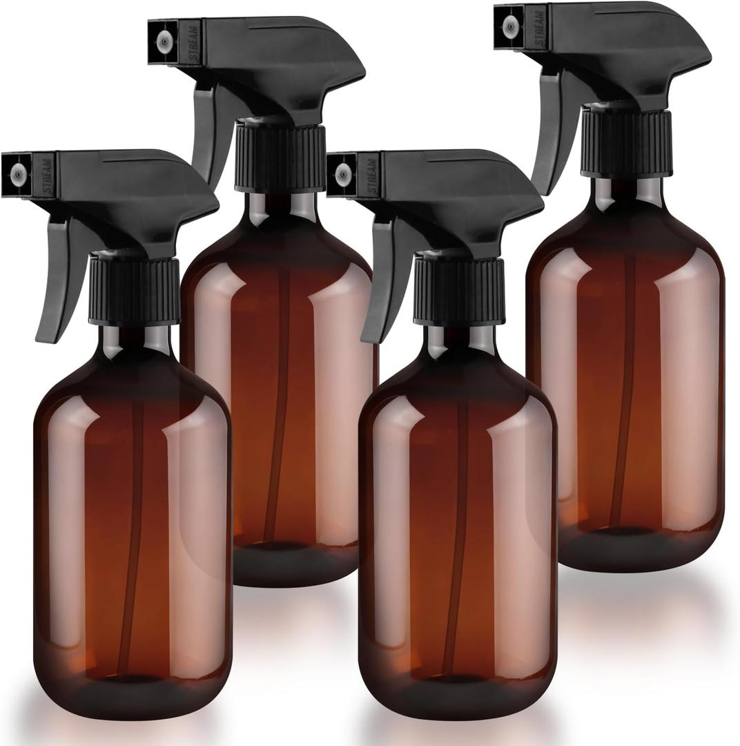 4-Pack 300ml Amber Boston Round Spray Bottles with Adjustable Nozzle Empty Plastic Water Sprayer Reusable Fine Mist Container for Cleaning Solutions,Hair Care,Gardening (Brown)
