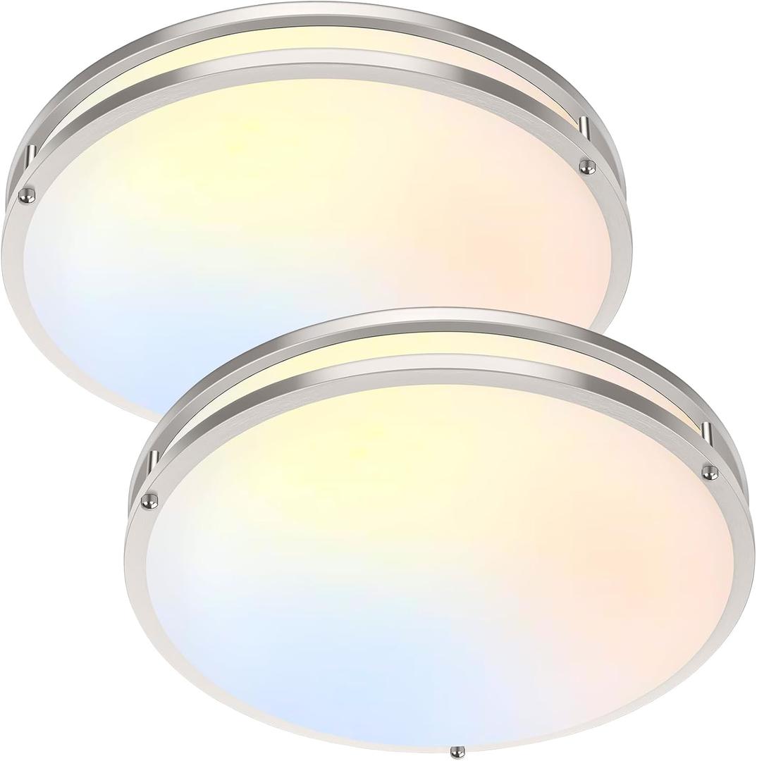 16 Inch LED Flush Mount Ceiling Light Fixture, Dimmable 5CCT Selectable 2700K Warm White-6500K Super Bright Daylight White, 50W 6000LM Round Brushed Nickle Ceiling Lamps for Living Room Kitchen, 2PACK