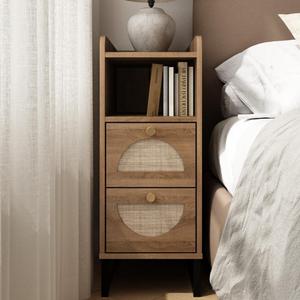 Narrow Nightstand for Small Spaces - 9.3" Slim Side Table with Rattan-Weave Drawers, Skinny Bedside Table with Open Shelf, Rustic Tall Thin Gap Filler for Bedroom & Sofa Side, Caramel Oak, 9.3" x 15.6" x 24"