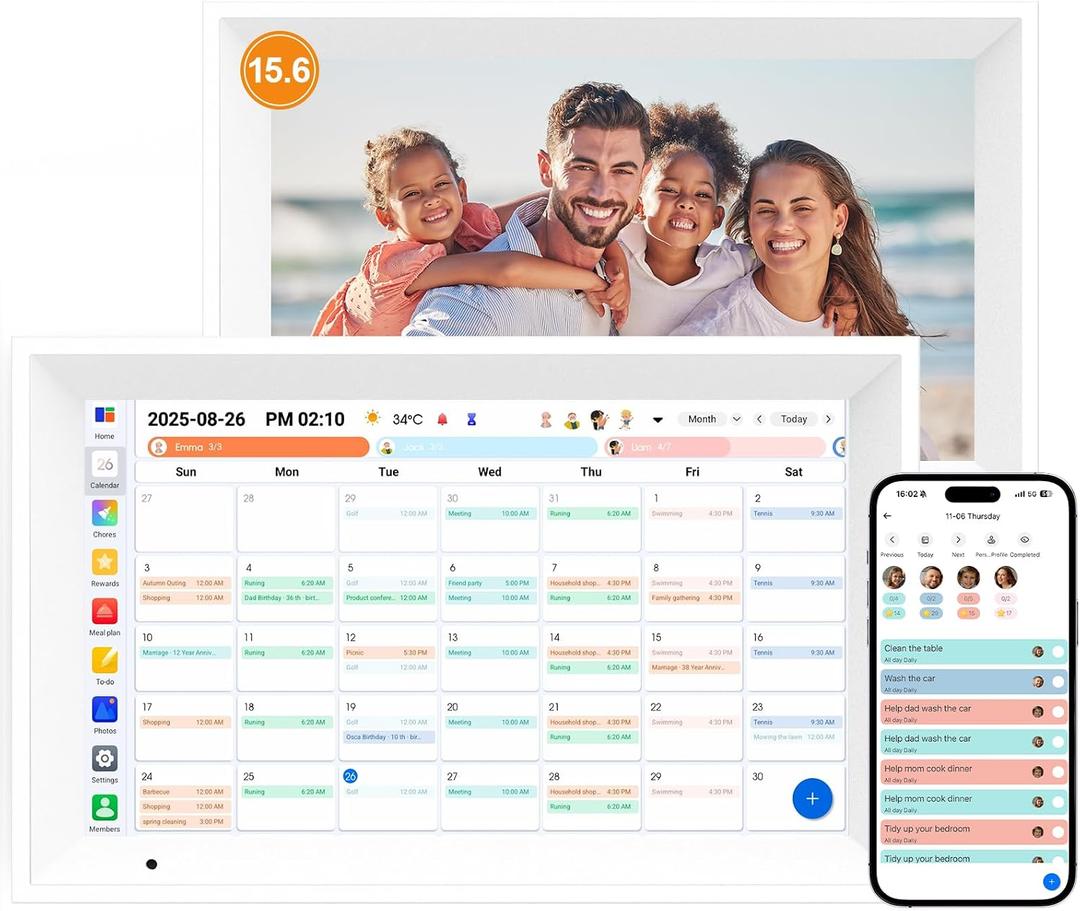 Digital Calendar 15.6" Smart Calendar&Chore Chart, 1080P Interactive Touchscreen Electronic Calendar for Family Schedules, 64GB Digital Picture Frame WiFi, Wall Mountable, AiMOR APP-White